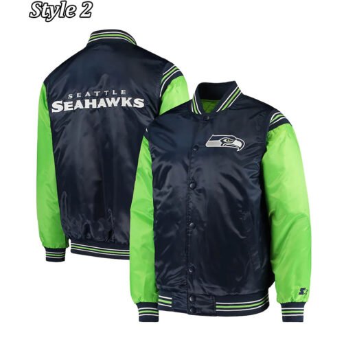 Starter Seattle Seahawks Blue and Neon Green Jacket - Image 3