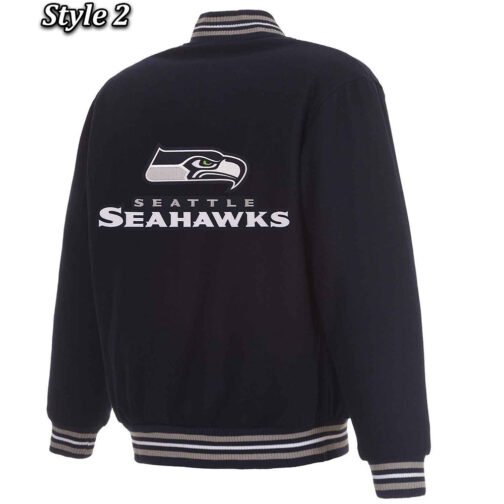 Seattle Seahawks Bomber Navy Blue Wool Jacket - Image 5