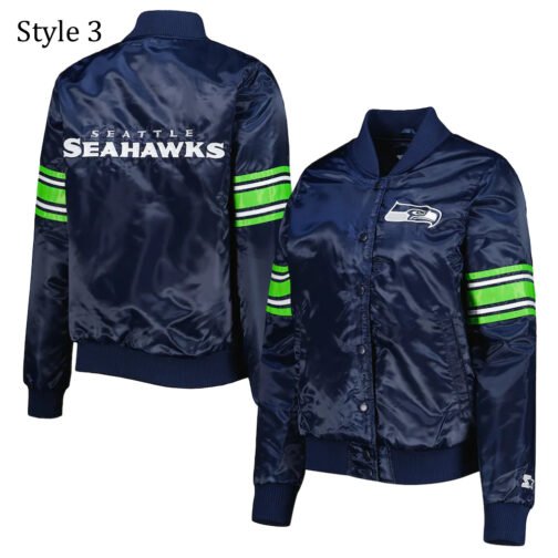 College Seattle Seahawks Prime Time Navy Blue Satin Jacket - Image 11