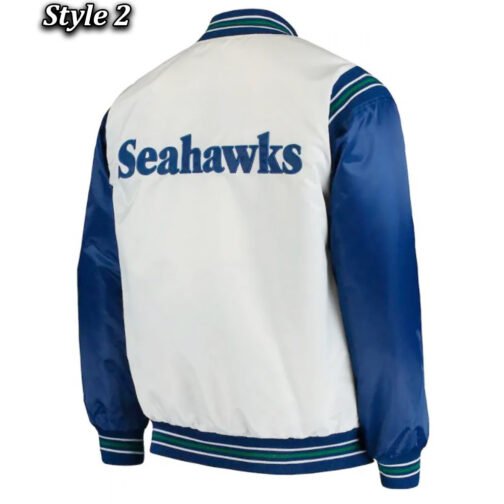 Seattle Seahawks Varsity Blue and White Satin Jacket - Image 4