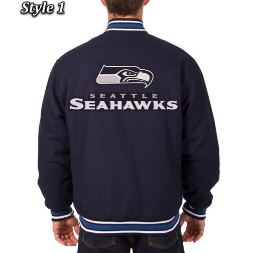 Seattle Seahawks Bomber Navy Blue Wool Jacket - Image 4