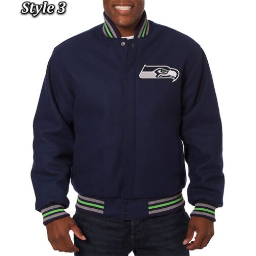 Seattle Seahawks Bomber Navy Blue Wool Jacket - Image 3