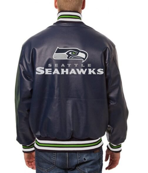 Varsity Seattle Seahawks Navy Blue Leather Jacket - Image 2