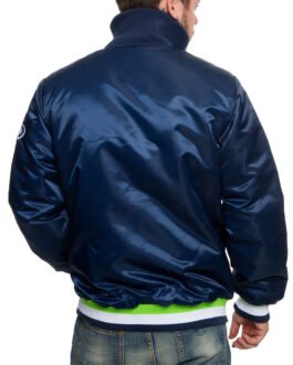 Seattle Seahawks Neon Embroidery Varsity Navy Satin Jacket