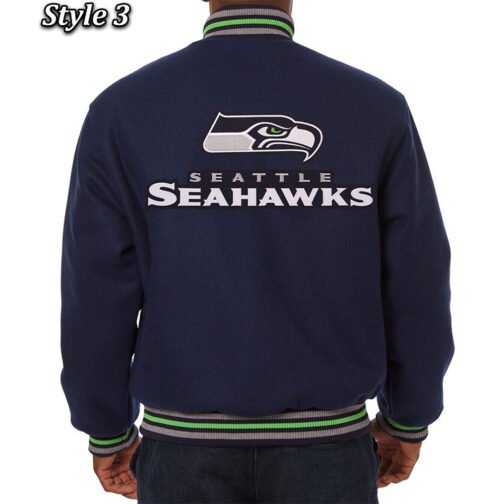 Seattle Seahawks Bomber Navy Blue Wool Jacket - Image 6