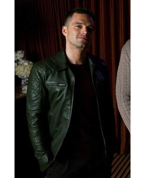 Sebastian Stan Motorcycle Quilted Green Leather Jacket - Image 3