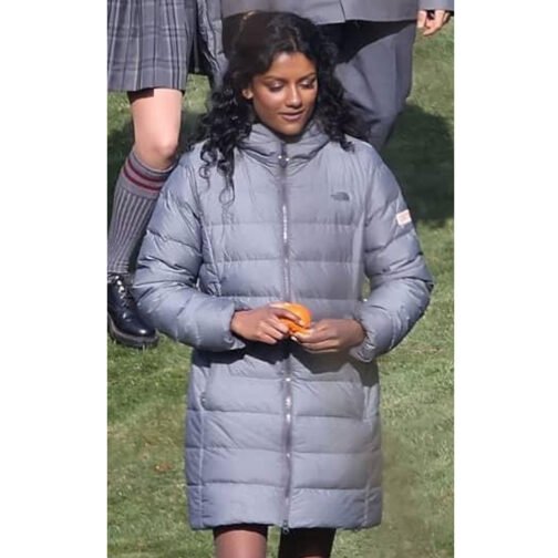 Sex Education Simone Ashley Puffer Gray Hooded Coat - Image 6