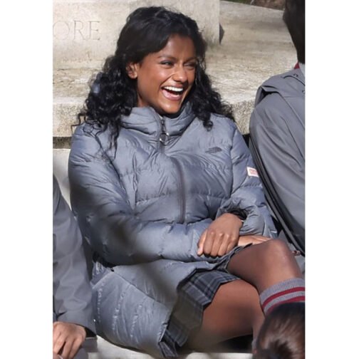 Sex Education Simone Ashley Puffer Gray Hooded Coat - Image 9