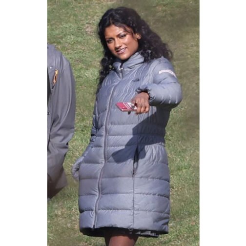 Sex Education Simone Ashley Puffer Gray Hooded Coat - Image 4