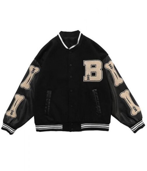Skeleton Bad To The Bone Patchwork Varsity Wool/Leather Jacket - Image 3