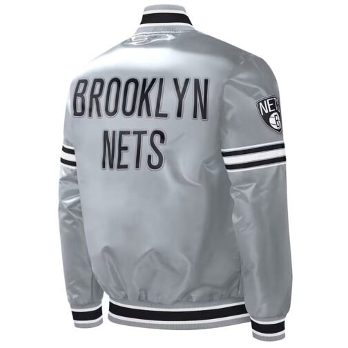 Brooklyn Nets Slider Gray Varsity Satin Jacket - Image 2