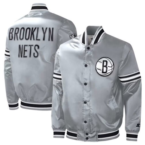 Brooklyn Nets Slider Gray Varsity Satin Jacket - Image 3