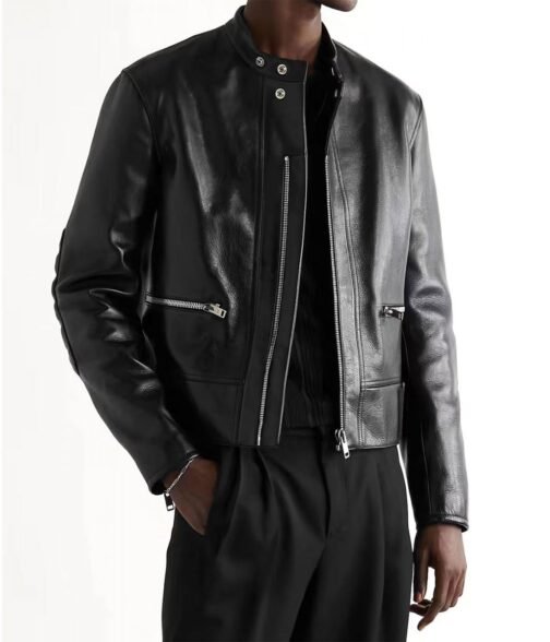 Men’s Black Motorcycle Style Slim Fit Leather Jacket - Image 2