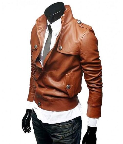 Men’s Slim Fit Tan Button Front Brown Leather Jacket - Image 3