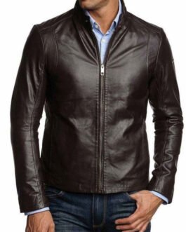 Men’s Simple Look Casual Wear Dark Brown Leather Jacket