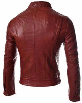 Men’s Casual Slim Fit Snap Tab Collar Red Faux Leather Jacket
