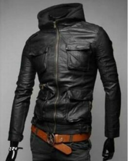 Men’s Slim Fit Flap Pockets Leather Jacket with Hood