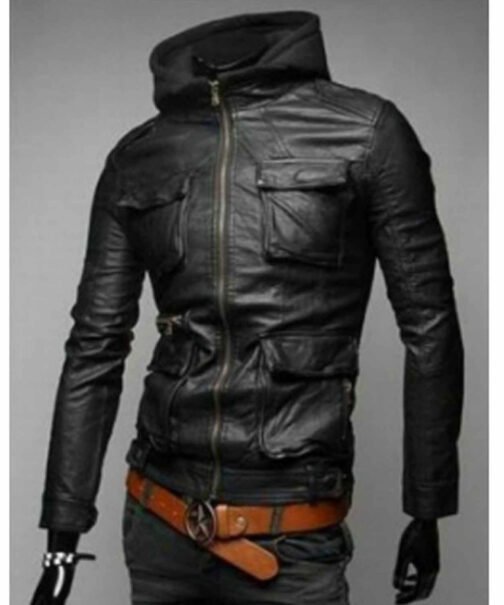 Men’s Slim Fit Flap Pockets Leather Jacket with Hood