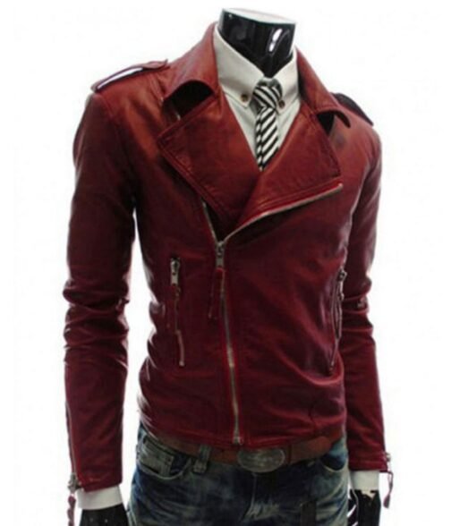 Men’s Slim Fit Asymmetrical Red Faux Leather Jacket