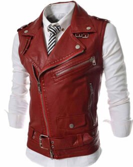 Men’s Slim Fit Biker Asymmetrical Zipper Red Leather Vest