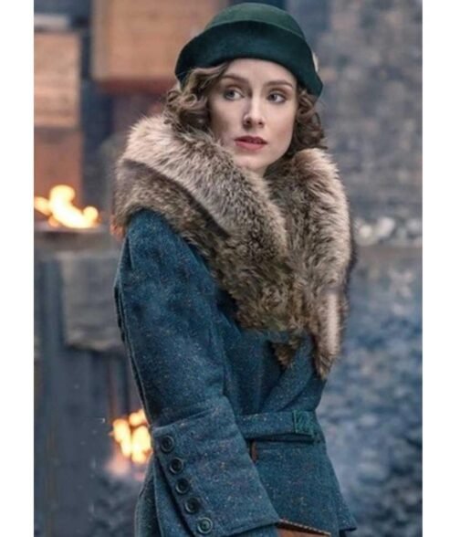 Sophie Rundle Peaky Blinders S05 Fur Shawl Collar Blue Coat - Image 3