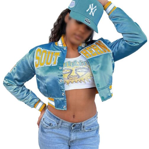 Women’s Cropped Southern University Bomber Satin Jacket - Image 3