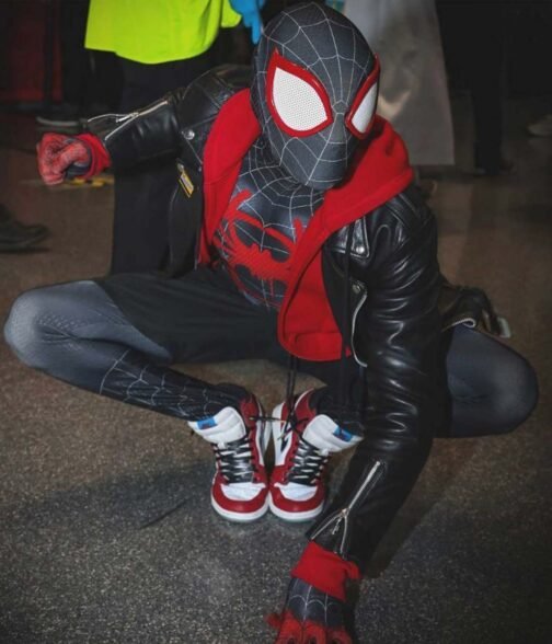 Spider‑Man Miles Morales Biker Black Red Hoodie Jacket - Image 4
