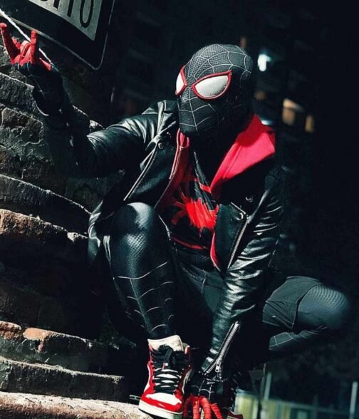 Spider‑Man Miles Morales Biker Black Red Hoodie Jacket - Image 5