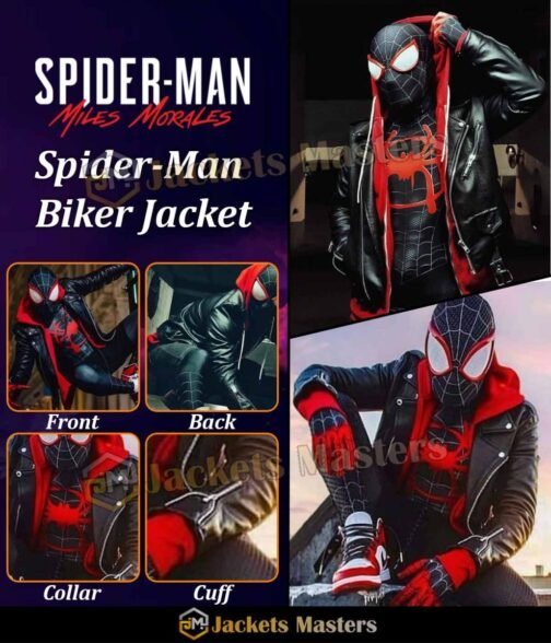 Spider‑Man Miles Morales Biker Black Red Hoodie Jacket - Image 7
