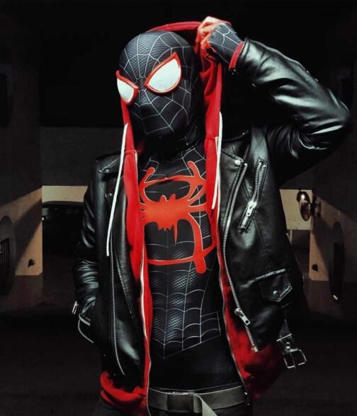 Spider‑Man Miles Morales Biker Black Red Hoodie Jacket