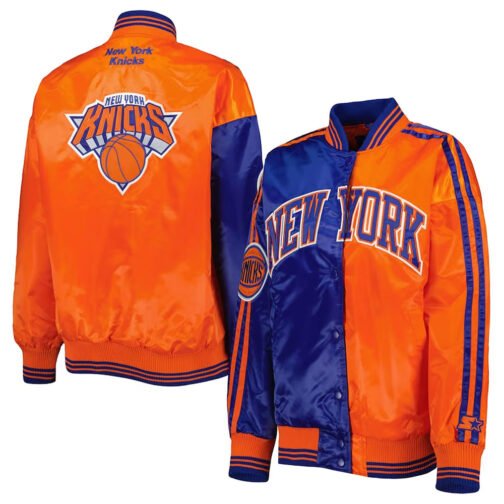 NY Knicks Split Colorblock Blue and Orange Satin Jacket - Image 3