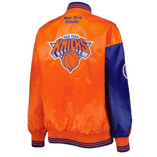 NY Knicks Split Colorblock Blue and Orange Satin Jacket - Image 2