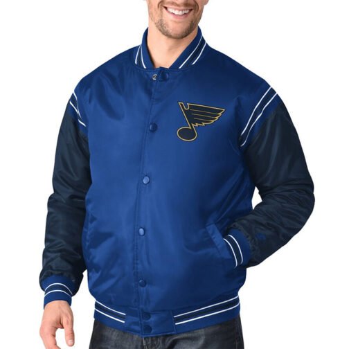 St. Louis Blues Enforcer Blue/Navy Varsity Satin Jacket - Image 4