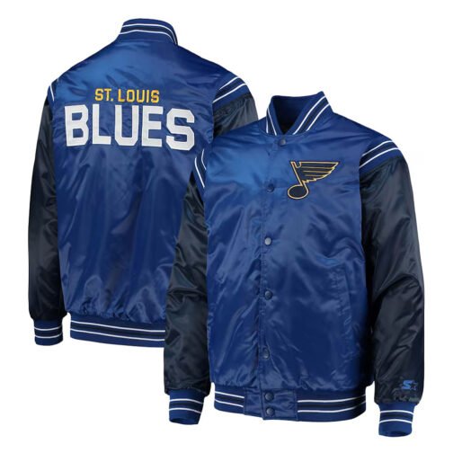 St. Louis Blues Enforcer Blue/Navy Varsity Satin Jacket - Image 3