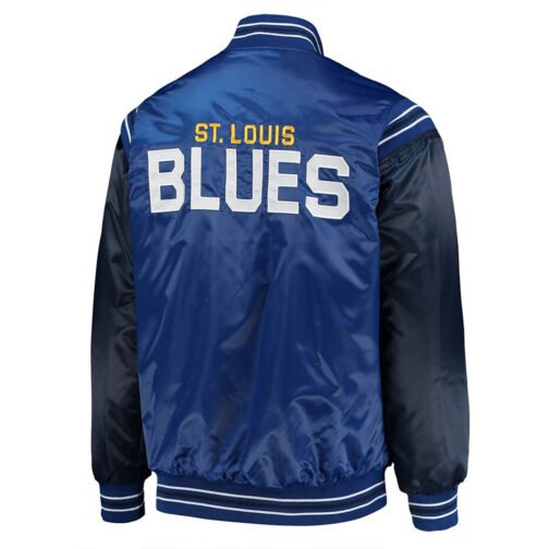 St. Louis Blues Enforcer Blue/Navy Varsity Satin Jacket - Image 2