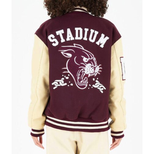 Panther Stadium Letterman Burgundy and Beige Jacket - Image 4