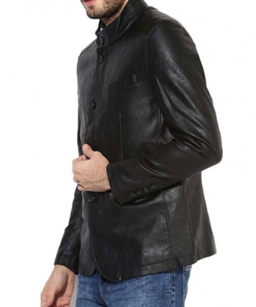 Men’s Button Closure Casual Stand Up Collar Black Leather Blazer - Image 3