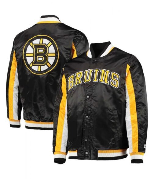 Boston Bruins The Ace Varsity Satin Black/Yellow Jacket - Image 3