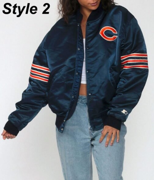Chicago Bears Navy Blue Bomber Satin Jacket - Image 6