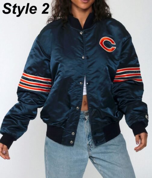 Chicago Bears Navy Blue Bomber Satin Jacket - Image 7
