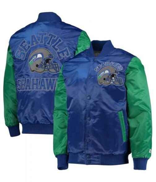 Locker Room Seattle Seahawks Throwback Navy and Neon Green Satin Jacket - Image 3