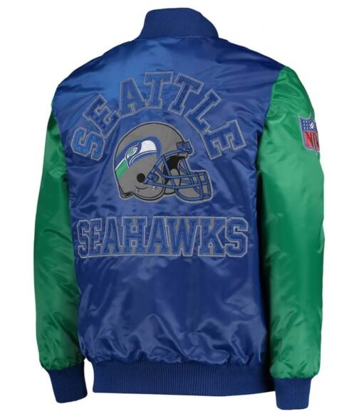Locker Room Seattle Seahawks Throwback Navy and Neon Green Satin Jacket - Image 2