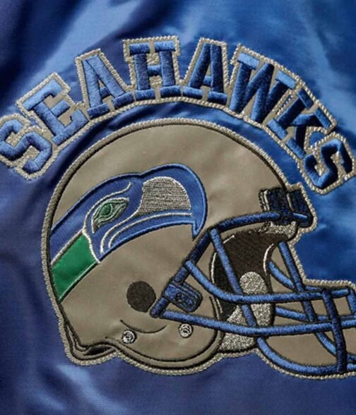 Locker Room Seattle Seahawks Throwback Navy and Neon Green Satin Jacket - Image 4