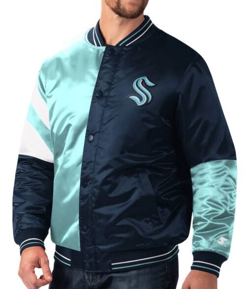 Deep Seattle Kraken The Leader Navy Blue and Light Blue Satin Jacket - Image 3