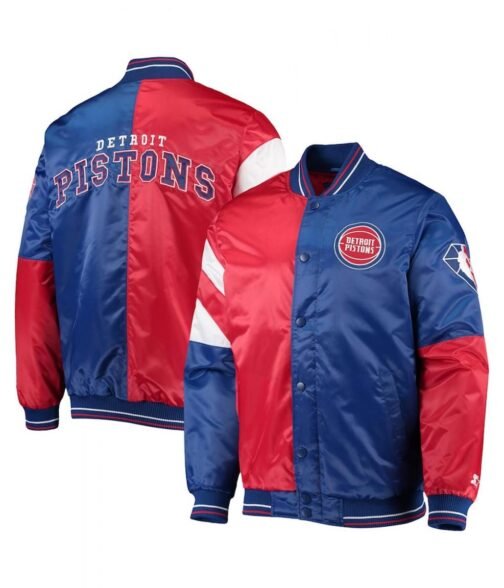 Detroit Pistons Leader Full-Snap Red and Blue Satin Jacket - Image 3
