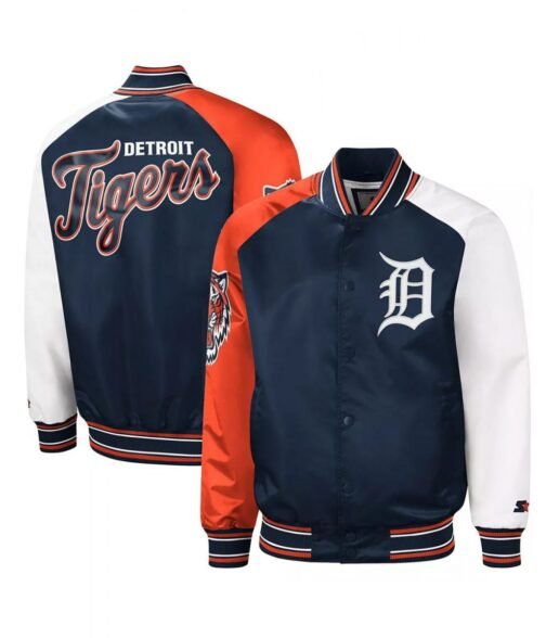 Detroit Tigers Reliever Satin Raglan Full-Snap Blue/Orange Jacket - Image 3