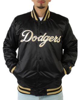 LA Dodgers Gold Patches Black Satin Jacket