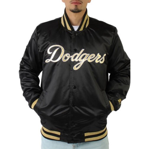 LA Dodgers Gold Patches Black Satin Jacket