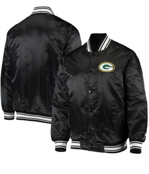 Black Green Bay Packers Bomber Satin Jacket - Image 3