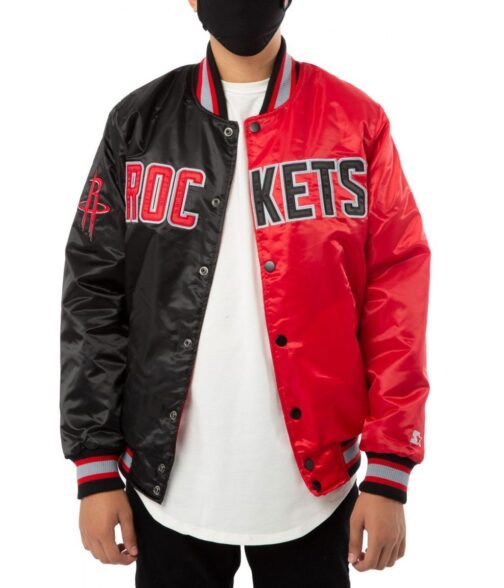 Starter Houston Rockets Satin Bomber Red and Black Jacket - Image 3